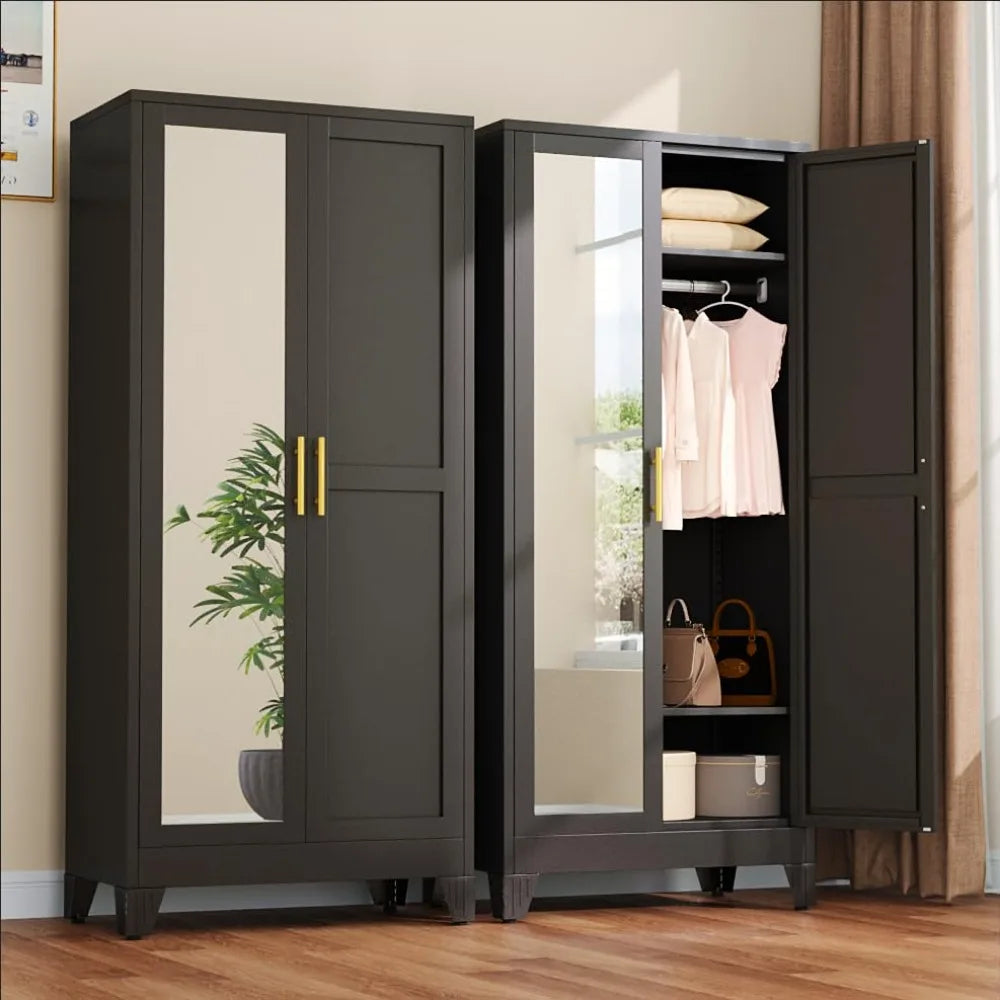 71" Metal Wardrobe Armoire 2 Mirror Doors Adjustable Shelves & Hanging Rod Clothing Storage Cabinet, Custom