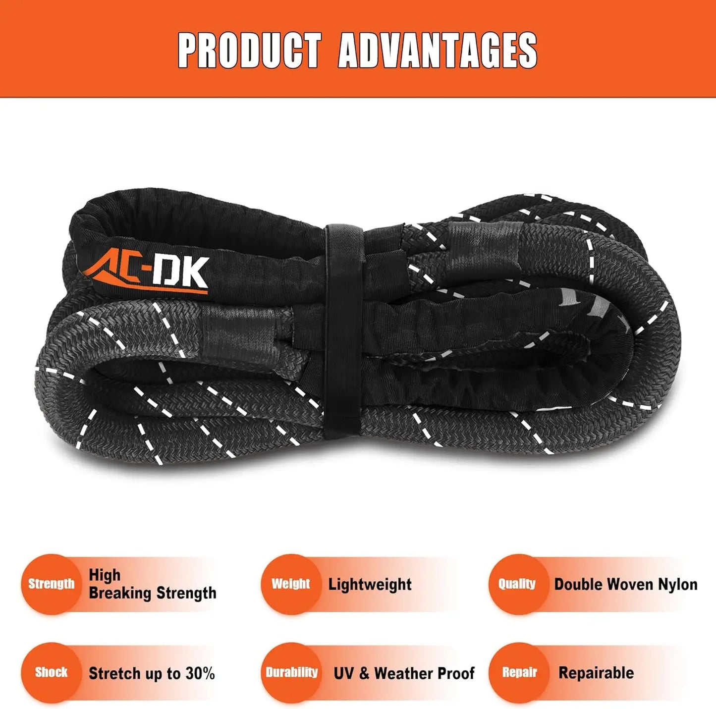 1in x 30ft Kinetic Recovery Rope 48,500lbs Snatch Strap with 2 Soft Shackles for Offroad Vehicle Jeep SUV ATV UTV Tractor